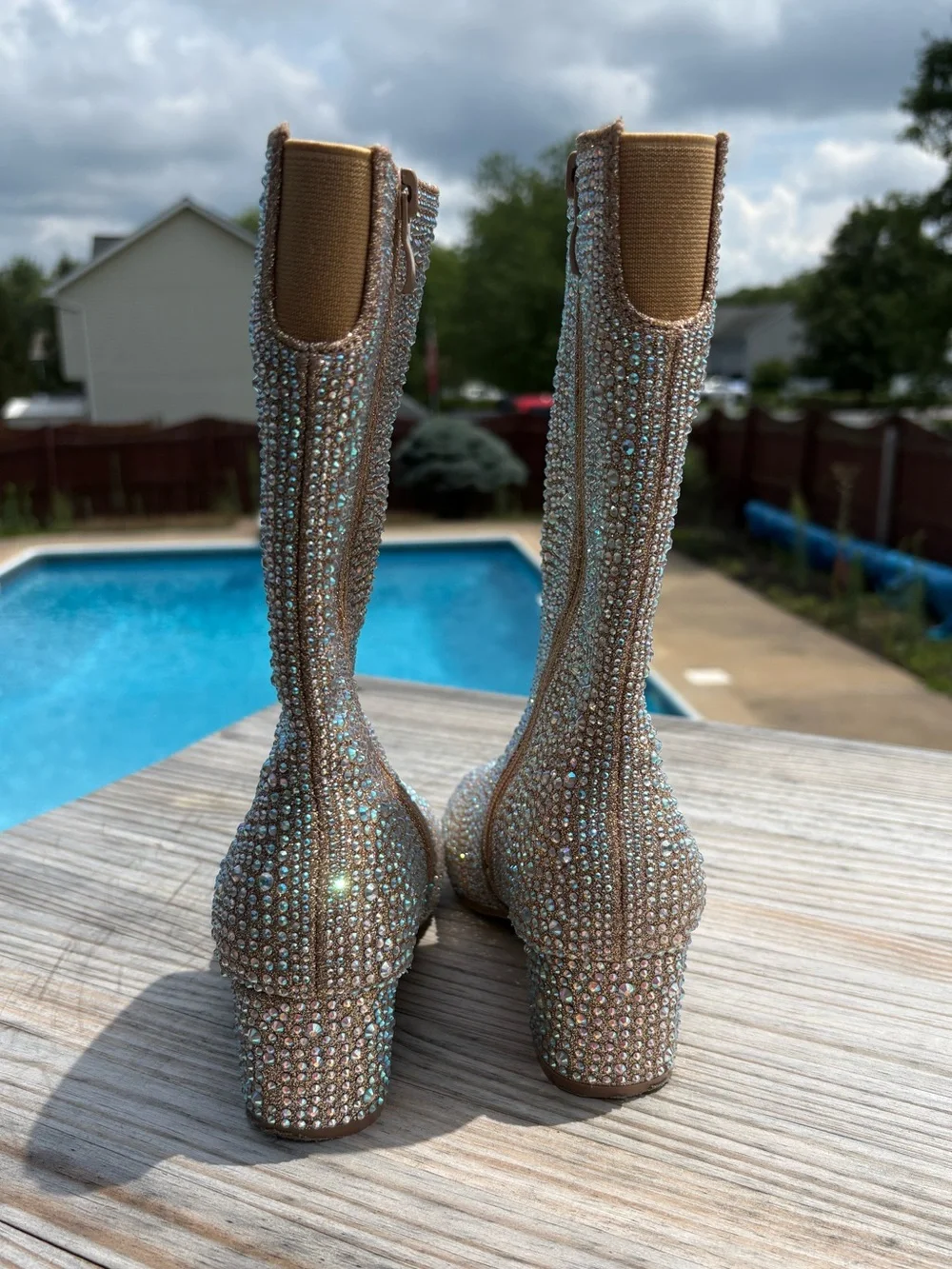 Rhinestone Tall, Round Toe, Chunky Low Heel Girls Boots Size 4